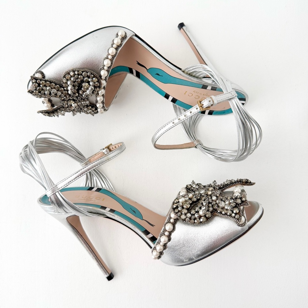 GUCCI || Allie Bow Metallic Pearl Crystal Sandals Silver Strap Heels  EU 36.5 - Picture 4 of 15